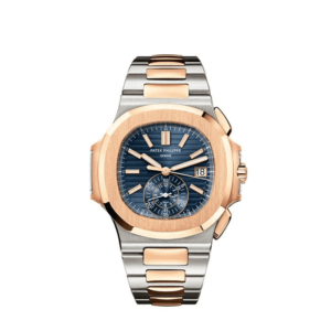 A gold and silver watch with blue face