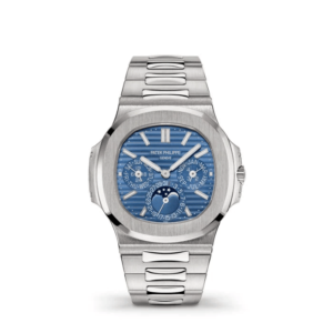 A silver watch with blue face and roman numerals.
