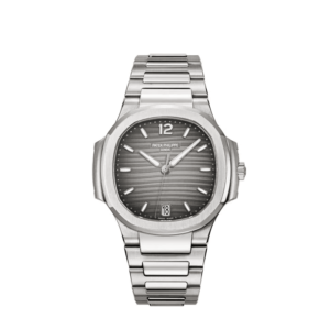 A silver watch with a black face and numbers.