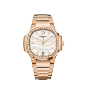 A rose gold watch with diamonds on the bezel.