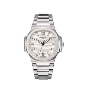 A silver watch with roman numerals on the face.