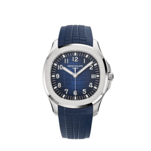 A watch with blue strap and silver face.