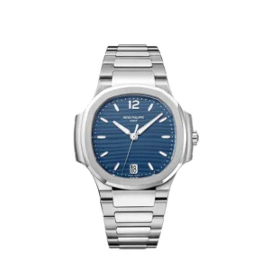 A silver watch with blue face and numbers.
