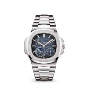 A silver watch with a blue face and a black dial.