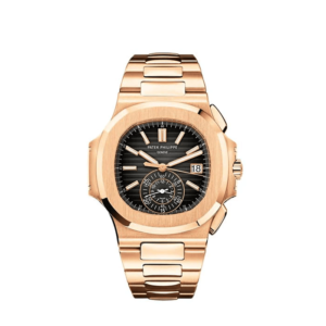 A gold watch with black face and rose gold band.