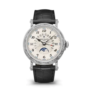 A watch with a black strap and white face