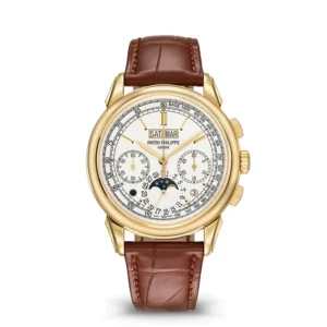 A gold watch with brown leather strap and white face.