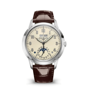 A watch with brown leather strap and white face.