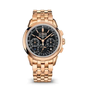 A gold watch with black face and roman numerals.