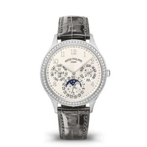 A watch with a gray strap and white face.