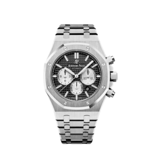 A silver watch with black face and stainless steel band.