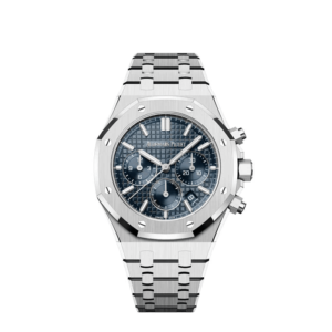 A silver watch with a blue face and a metal band.