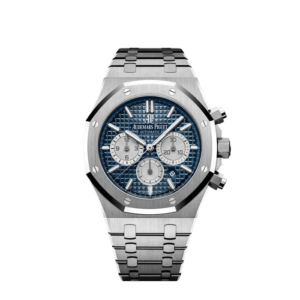 A silver watch with blue face and stainless steel band.