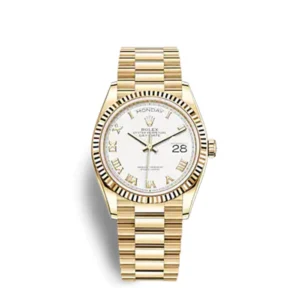 A gold rolex watch with roman numerals on the face.