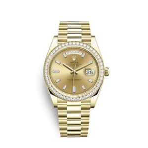 A gold watch with diamonds on the side of it.