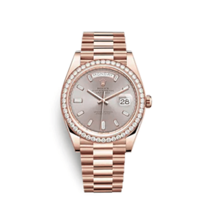 A rose gold watch with diamonds on the side of it.