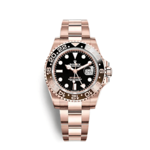 A rose gold rolex watch with black face and brown bezel.