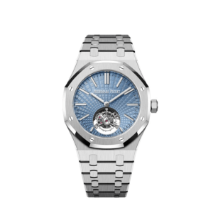 A silver watch with blue face and stainless steel band.