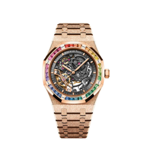 A rose gold watch with rainbow colored bezel and face.