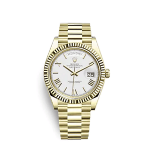 A gold rolex watch with roman numerals on the face.
