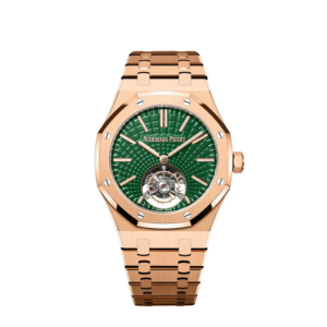 A gold watch with green face and rose gold band.