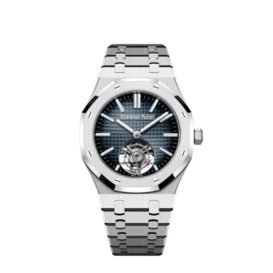 A silver watch with blue face and stainless steel band.