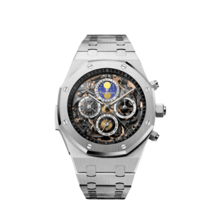 A silver watch with a black and yellow face.