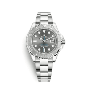 A silver rolex watch with the date and indices.