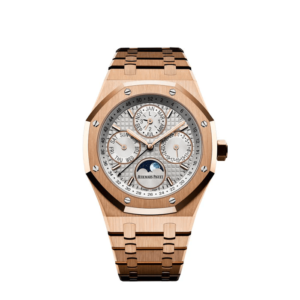 A gold watch with a white face and a rose gold strap.