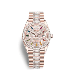 A rose gold rolex watch with colored diamonds.