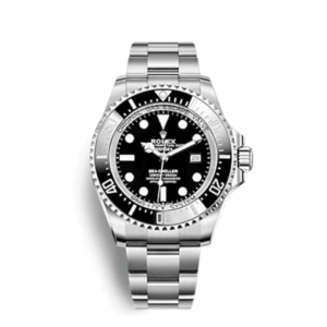 A silver rolex watch with black face and white bezel.