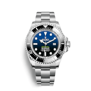 A silver rolex watch with blue face and black bezel.