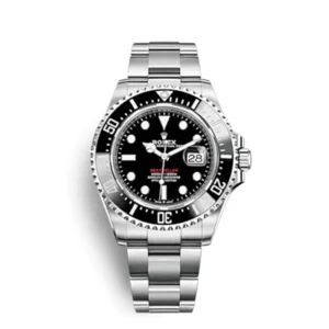 A silver rolex watch with black face and red hands.