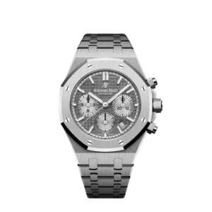 A silver watch with a gray face and numbers.