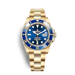 A gold rolex watch with blue face and bezel.