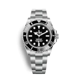 A silver rolex watch with black face and stainless steel band.