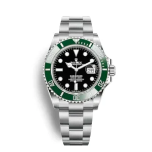 A rolex watch with green bezel and black face.
