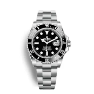 A silver rolex watch with black face and stainless steel band.