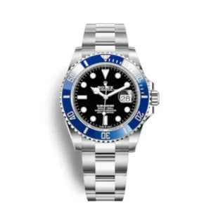 A silver and blue rolex watch with black face.