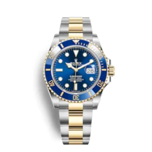 A rolex watch is shown with blue face.