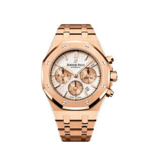 A gold watch with a white face and a rose gold strap.