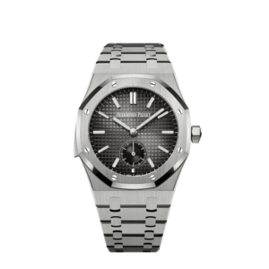 A silver watch with a black face and a silver band.