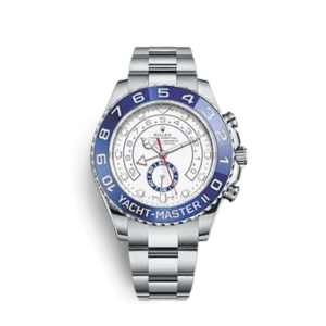 A silver and blue watch with a white face.