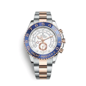 A rolex watch is shown with blue and white numbers.