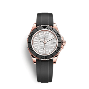 A watch with black and rose gold bezel on top of a rubber strap.
