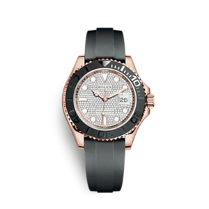 A watch with black and rose gold bezel, white face and grey rubber strap.
