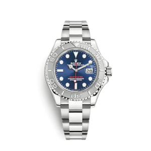 A silver rolex watch with blue face and white bezel.