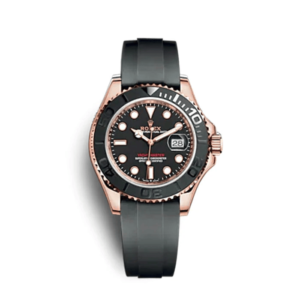 A rolex watch with black face and rose gold bezel.
