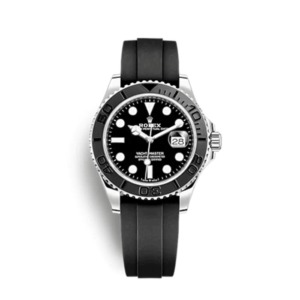 A black and silver rolex watch with a rubber strap.