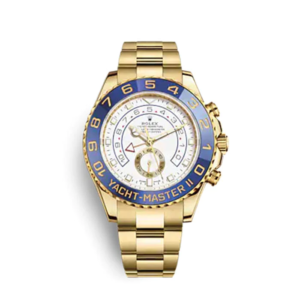 A gold watch with blue and white face